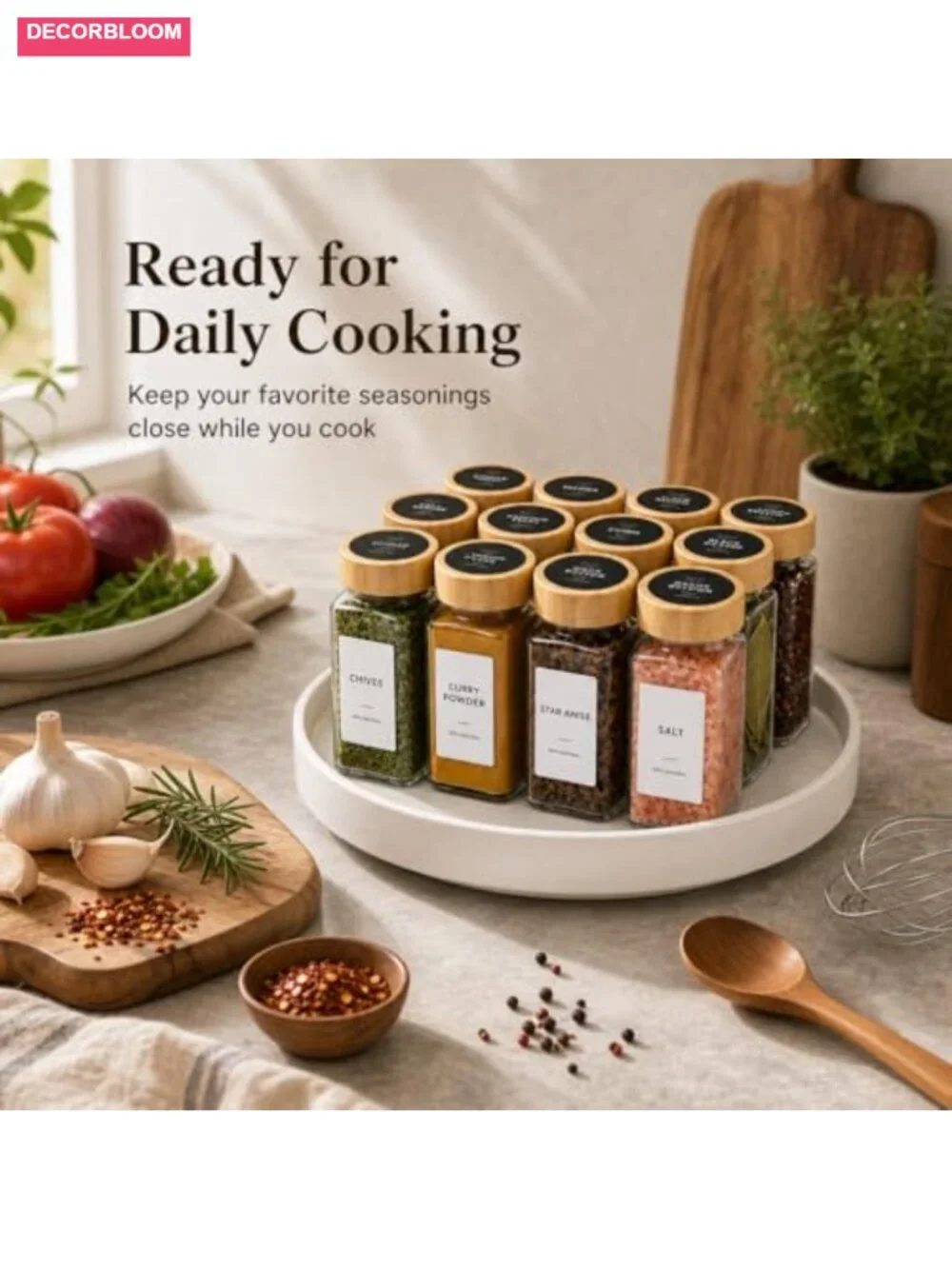 14 Pcs Glass Spice Jars with Bamboo Lids and Lazy Susan Turntable, Spice Labels